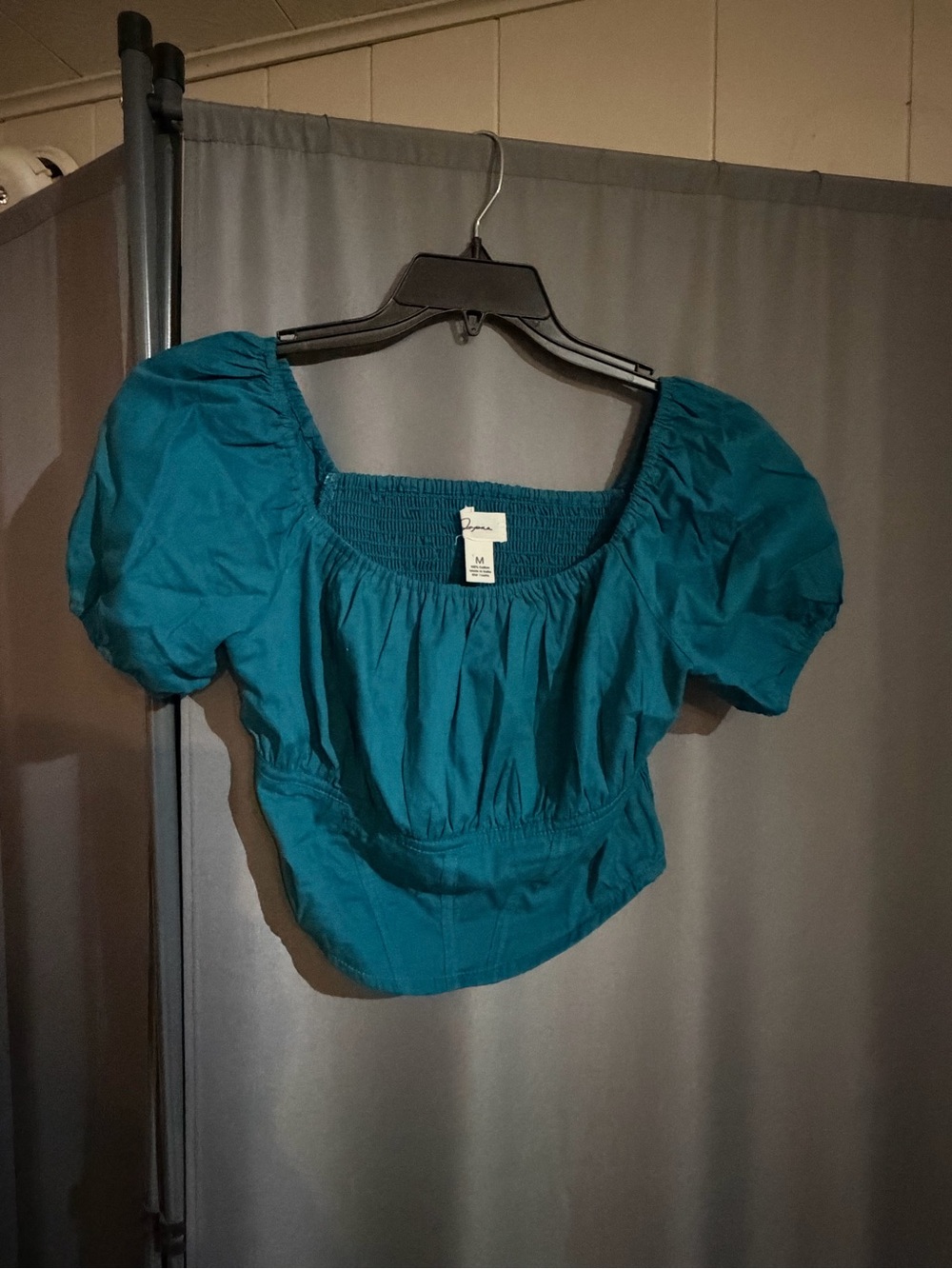 Japna Teal Puff-Sleeve Smocked Crop Top - Size M